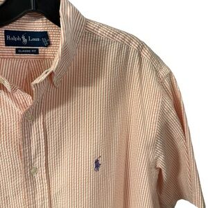 Ralph Lauren Seersucker Shirt Mens Sz M short sleeve button down Pink/white